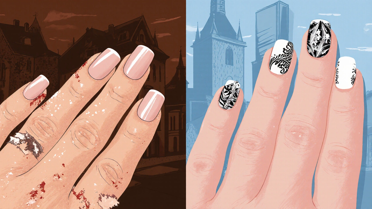 Porovnání levné a kvalitní manikúry: špatný výsledek vs. profesionální design.