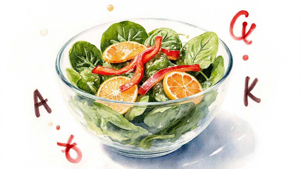 Akvarelová ilustrace barevného salátu s špenátem, červenou paprikou a pomerančem.