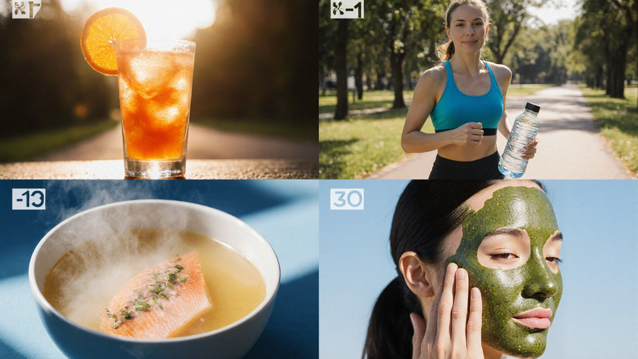 Čtyři fáze 30‑denního programu: smoothie, procházka, rybí vývar, maska; pokožka jasnější.