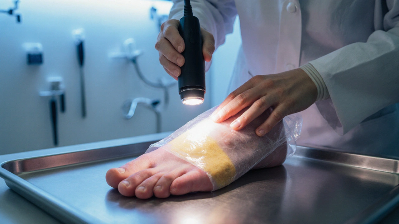 Fotografie podiatra používajícího laser na nohu v klinice.