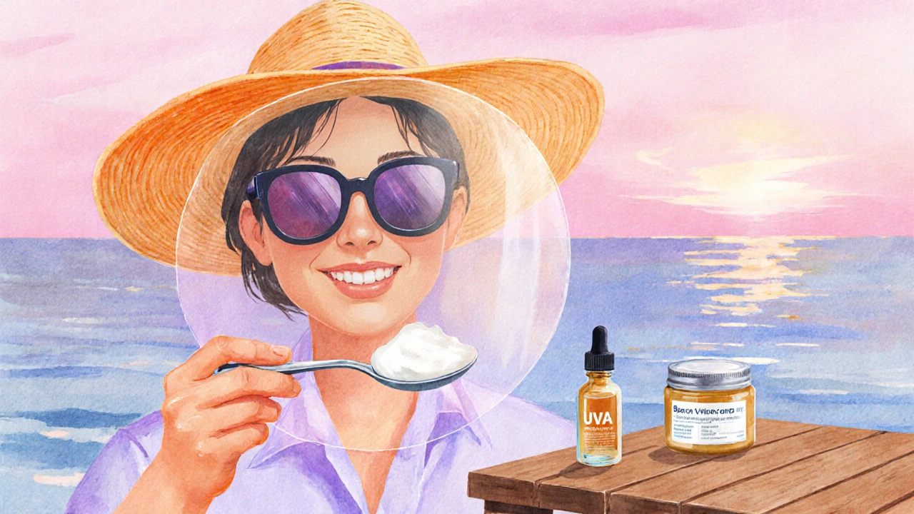 Kombinovaná rutina ochrany: krém na obličej, klobouk, sluneční brýle, vitamín C a retinol v pozadí.