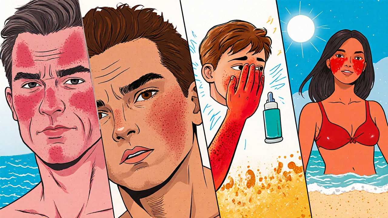 Komiksové panely ukazují rosaceu, dermatitidu, alergickou reakci a UV poškození.