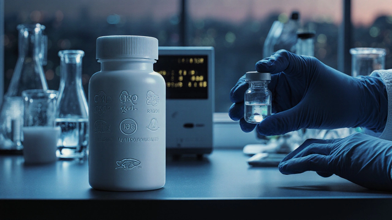Laboratorní stůl s doplňkem kolagenu, certifikacemi a testovacím vybavením.