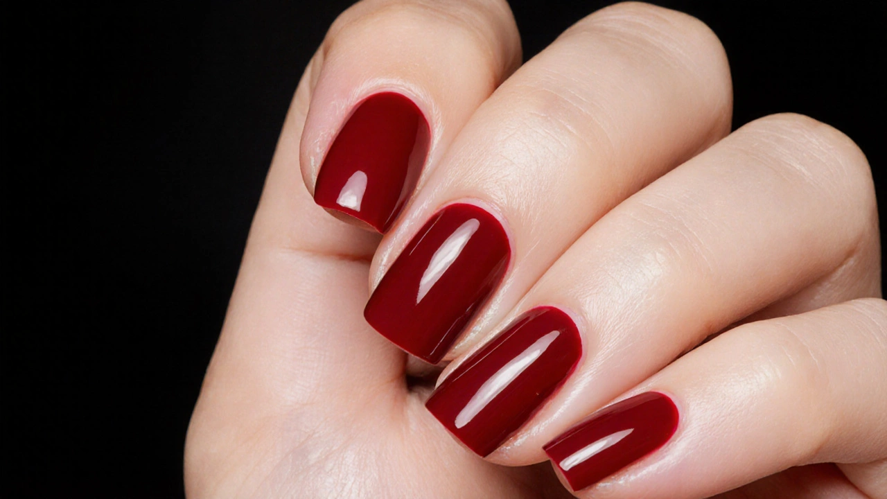 Lesklý gel lak v červené barvě na přirozených nehtech.