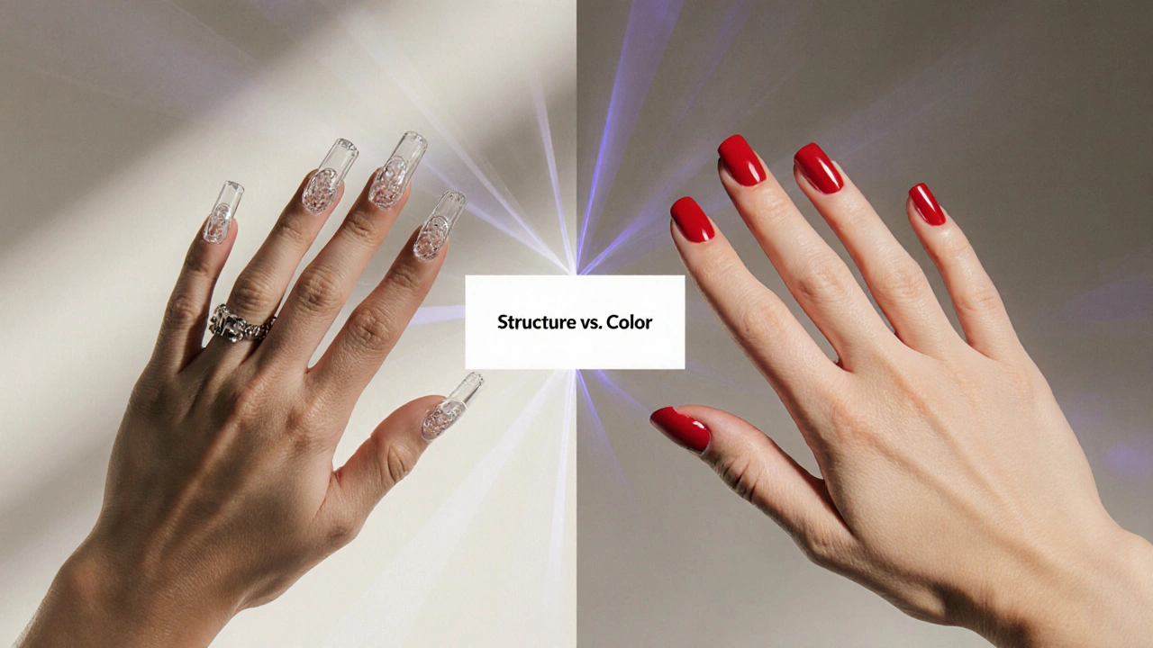 Porovnání gelu pro stavbu a gel laku pro barvení nehtů.