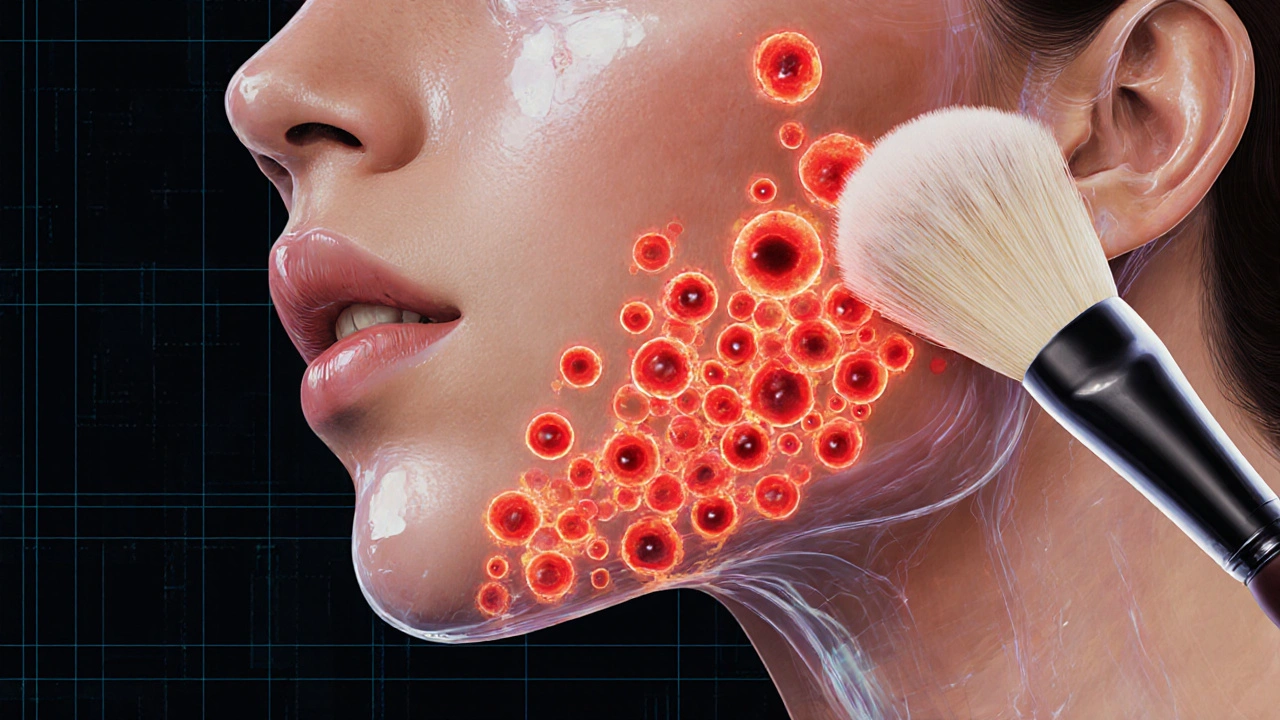 Průřez pokožky s viditelnými bakteriemi pod místem aplikace make-upu, kontrastující s čistým štětcem.