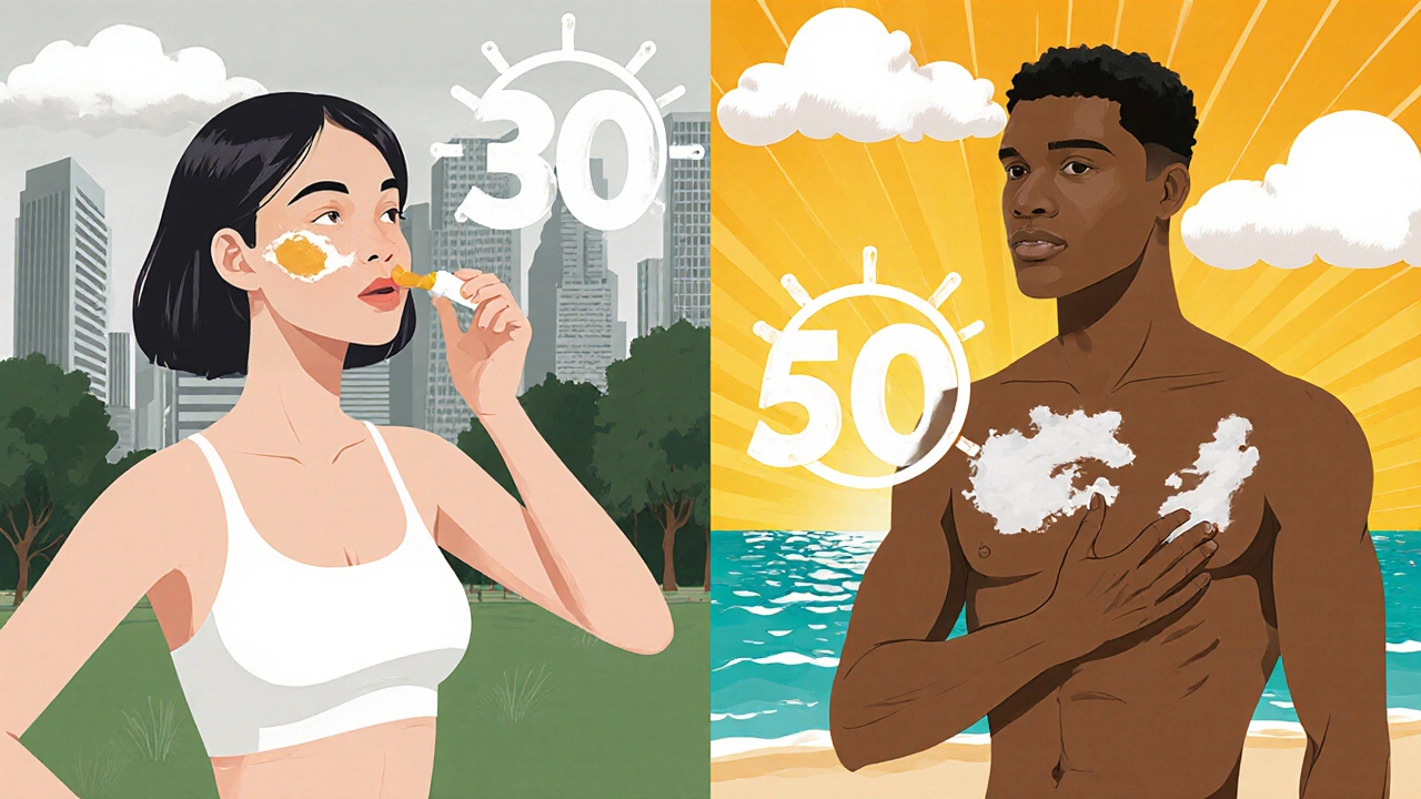 Rozdělený obrázek: žena s SPF 30 v parku a muž s SPF 50 na pláži, s časovači 30 a 50 minut.