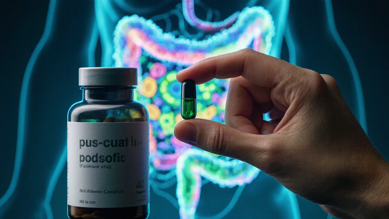 Ruka drží kapsli probiotic, za ní viditelný zdravý střevní mikrobiom.