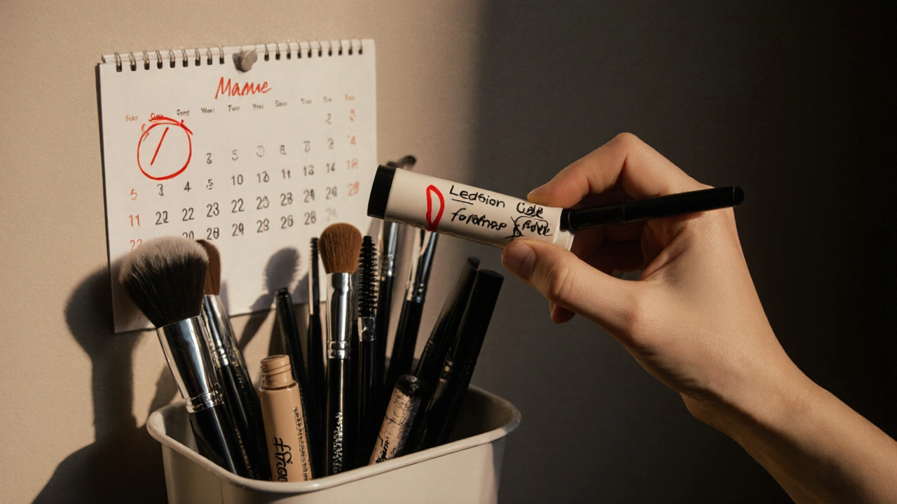 Ruka pišoucí datum na tubě s kosmetikou, vedle ní koš s vyhozenými produkty a kalendář s označeným dnem.