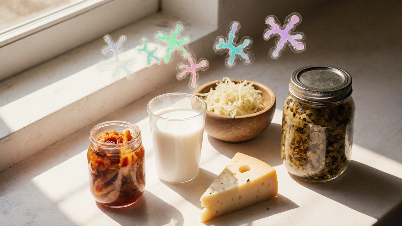 Stolní scénka s jogurtem, kefírem, kimchi a dalšími fermentovanými potravinami.