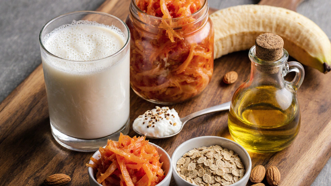 Výběr potravin podporujících střevní zdraví: kefír, jogurt, kysané zelí, kimchi, oves, banán, olivový olej.