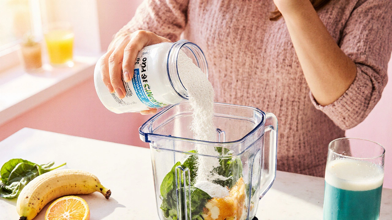 Žena míchá mořský kolagen do smoothie v kuchyni.