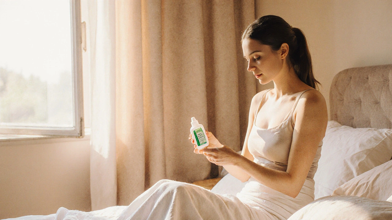 Žena po depilaci nanáší chladivý gel aloe vera a odpočívá v měkkém oblečení.