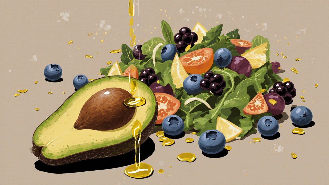 Avokádo a bobulky v salátu s vitamíny jako světelnými částicemi.