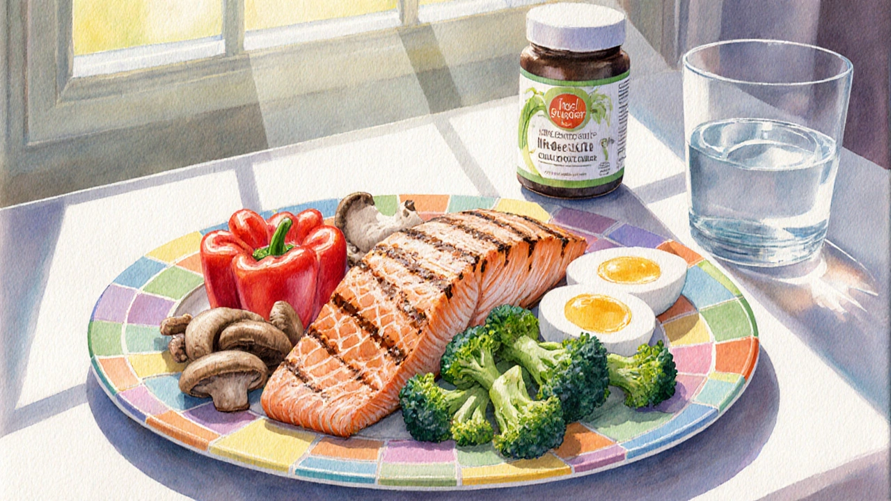 Barvivá talíř s lososem, paprikou, brokolicí, vejci a houbami jako zdroje pro zdravé klouby.