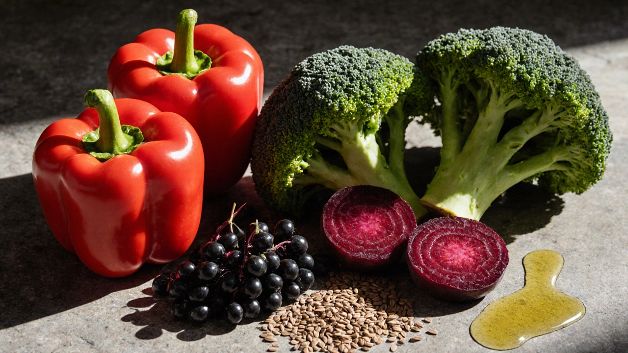 Čerstvé ovoce a zelenina s lněnými semínky a olivovým olejem na kameni.