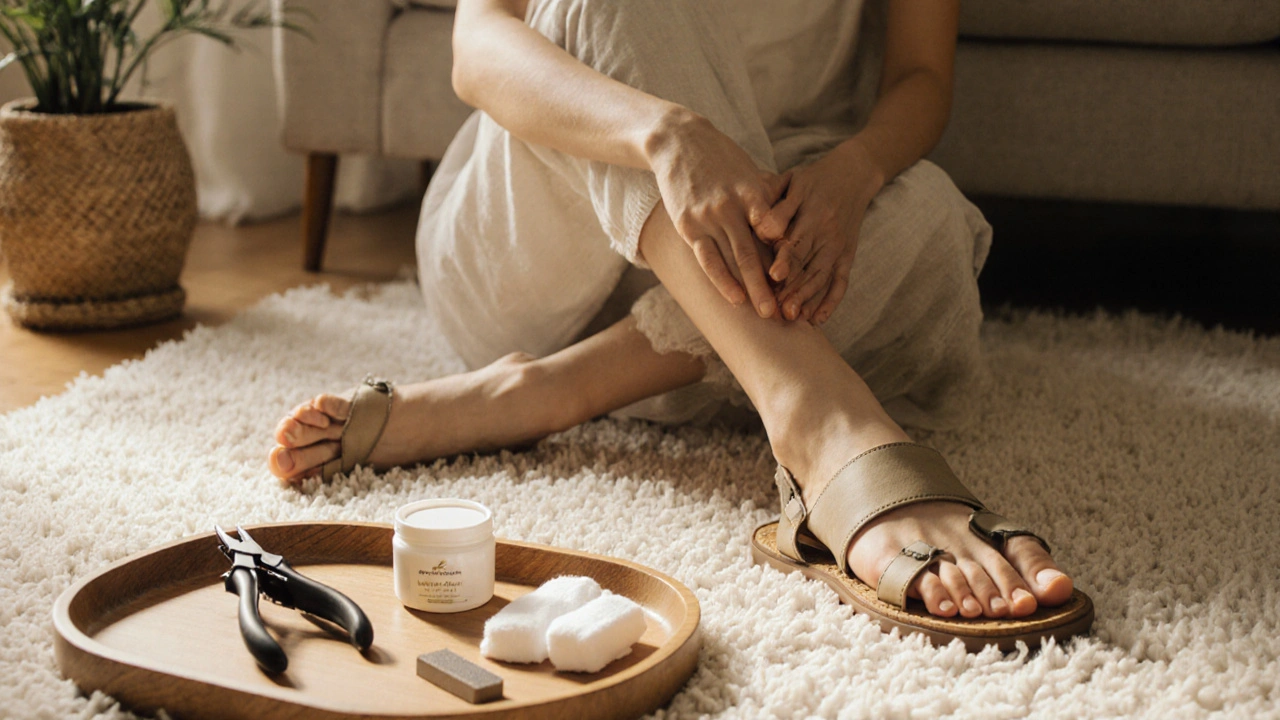 Člověk v širokých sandálech, nohy na koberci s péčovými potřebami na stole.
