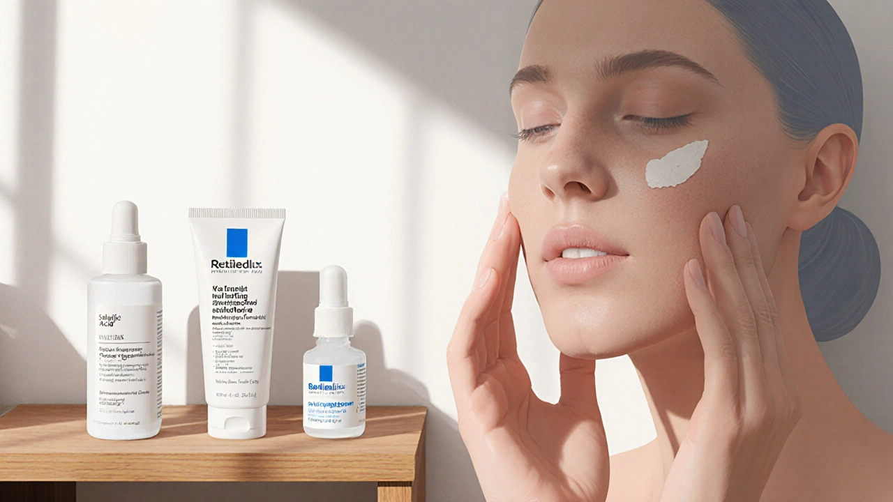 Denní péče o pleť s akné: krém, retinoid a tonik uspořádány na dřevěné polici