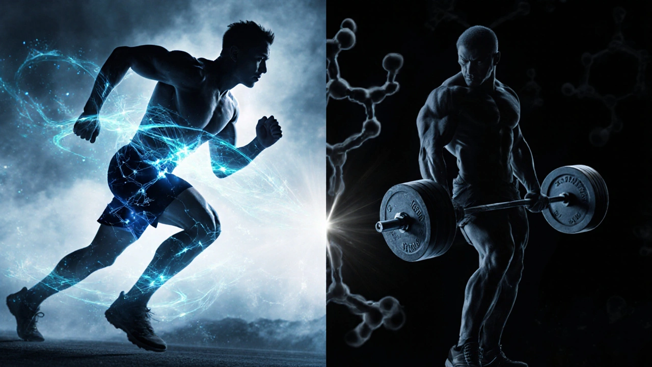 Dvě cesty: běžec s ochranným aura BCAA a silák s kreatinovým výbuchem.