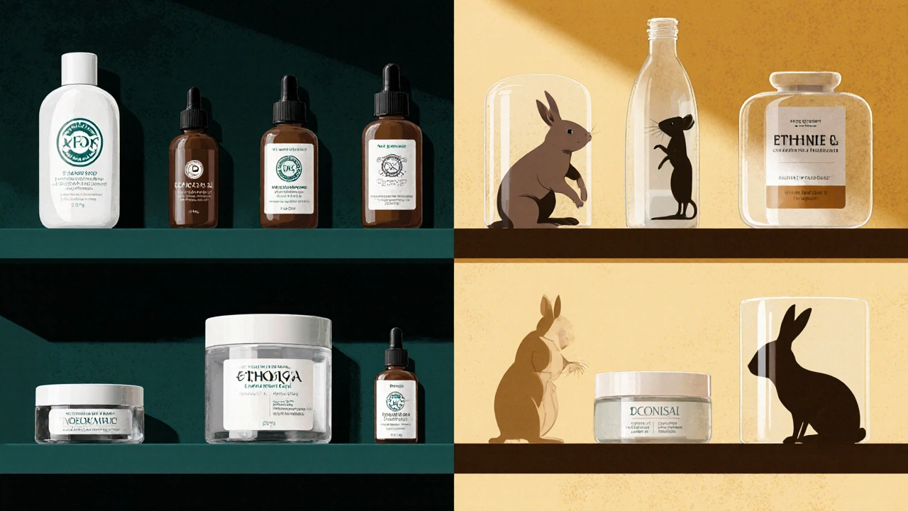 Dvě police s kosmetikou: etické značky s logy a skryté obrazy zvířat v laboratoři.