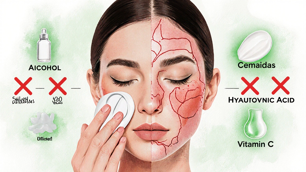 Dvě poloviny obličeje: jedna zdravá s hydratačním krémem, druhá zčervenalá s podrážděním a rozšířenými kapilárami.