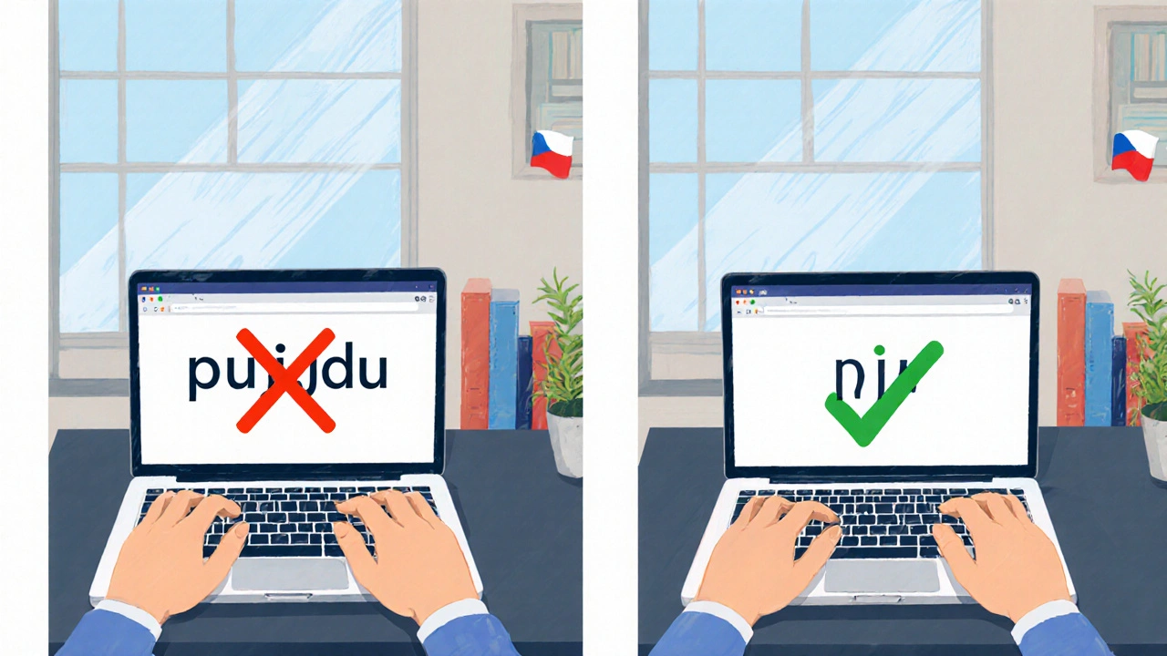 Dvě scény: chybně napsané &#039;pujdu&#039; s křížkem a správně &#039;půjdu&#039; s zaškrtnutím.