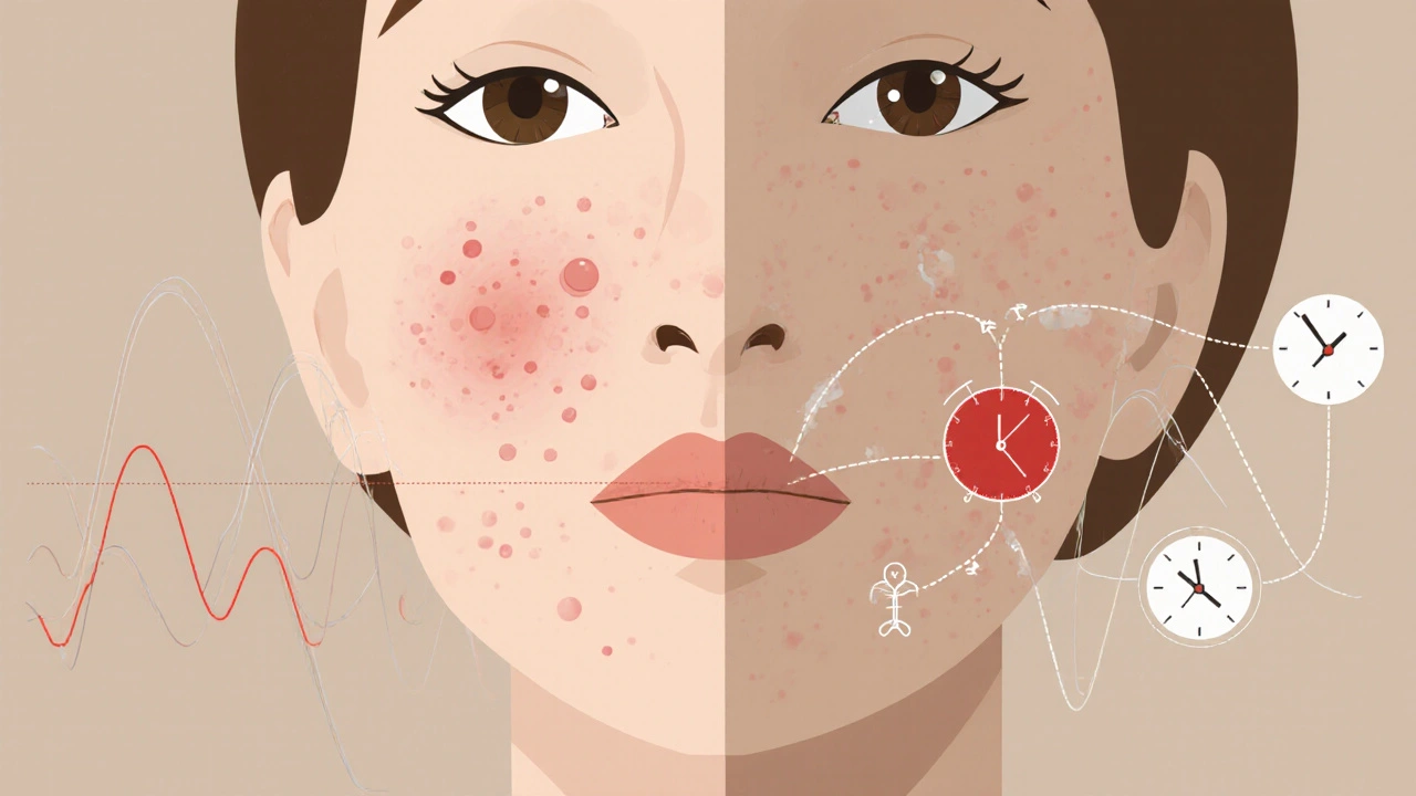 Hormonální příčiny akné: obličej a graf hormonů spojené symbolicky