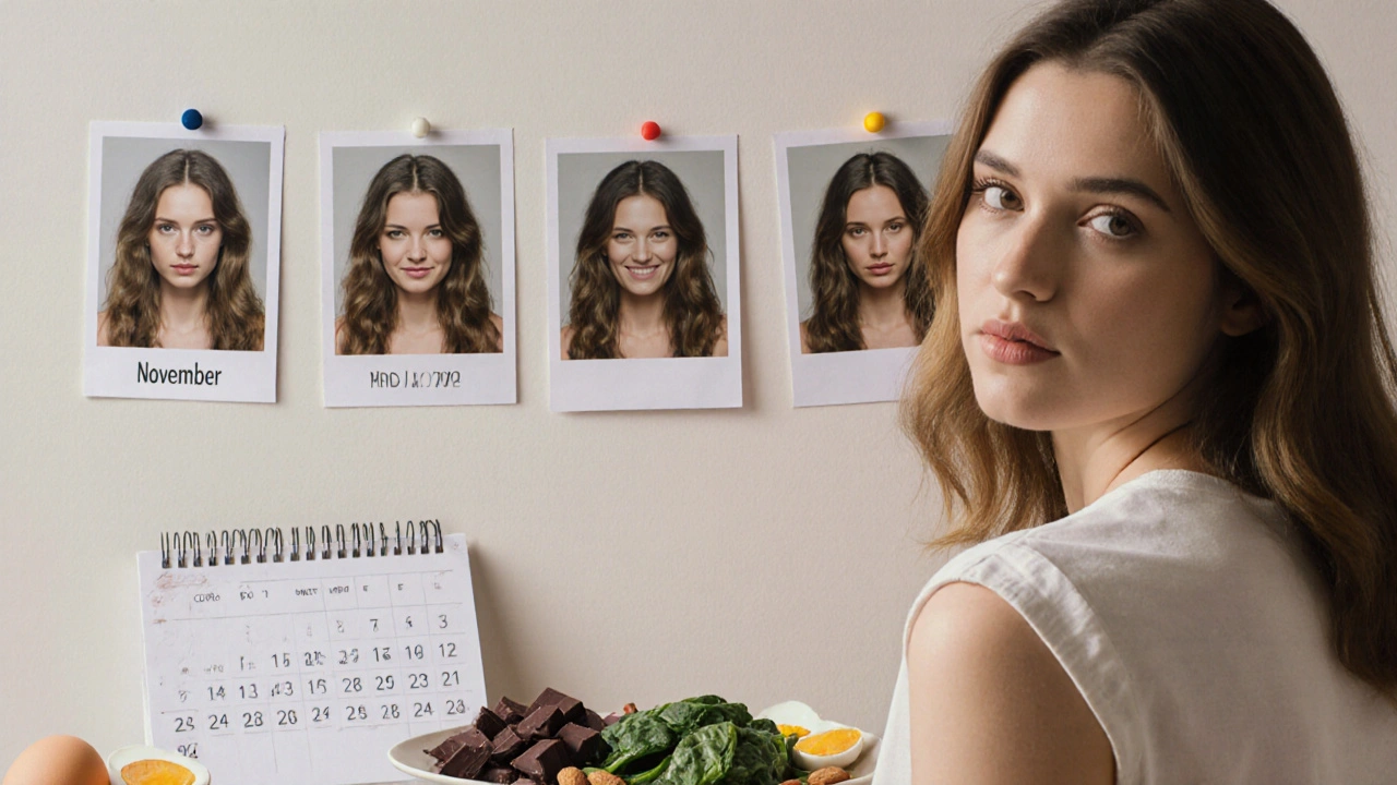 Kalendář ukazující postupné zlepšení hustoty vlasů od listopadu do března.