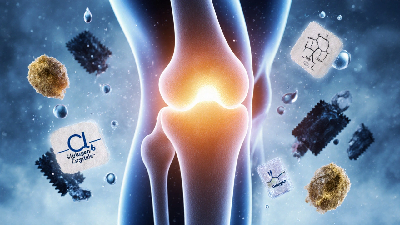Klíčová regenerace kloubu s kolagenem, vitamínem C a vodou, zatímco škodlivé látky mizí.