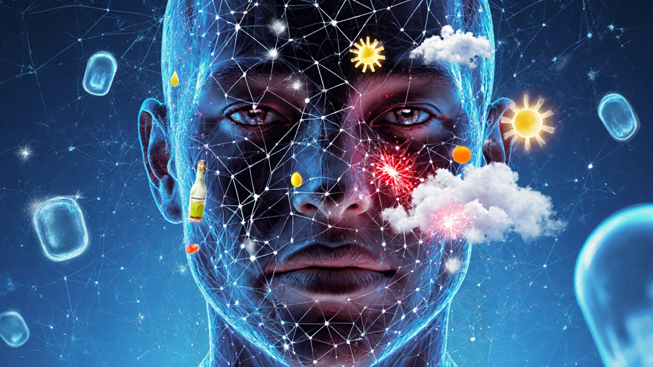 Konceptuální obraz obličeje obklopeného neviditelnými faktory způsobujícími zčervenání — teplem, sluncem a stresem.