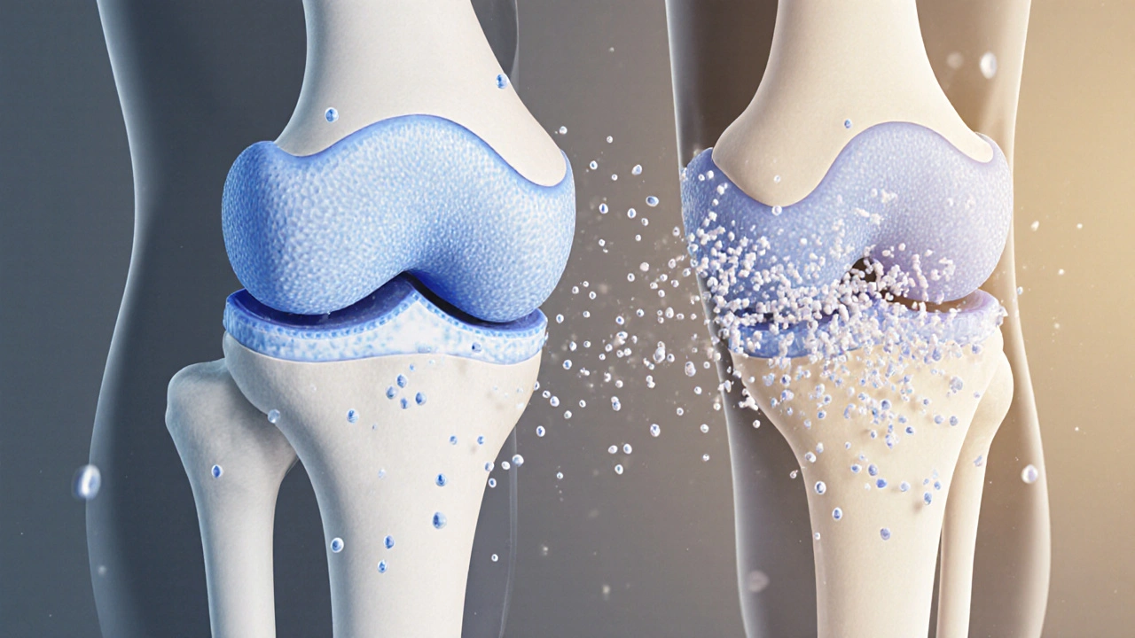 Křížový řez kolena ukazující rozdíl mezi tenkou chrupavkou a obnovou kolagenem v průběhu let.