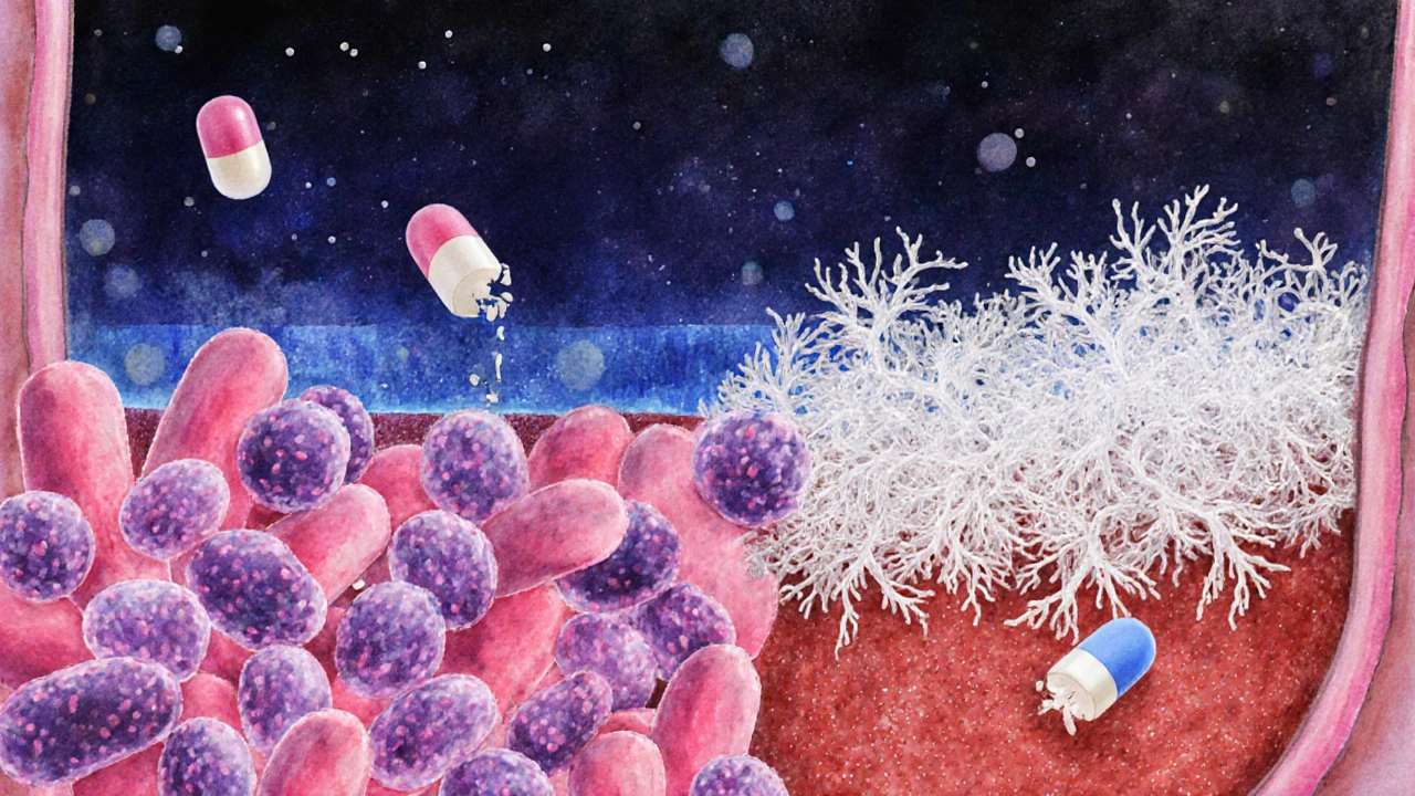 Mikroskopický obraz zdravých bakterií bránících se proti kvasinkám v pochvě, pH škála se mění.