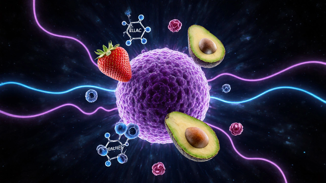 Mikroskopický pohled na buňku chráněnou antioxidanty z ovoce.