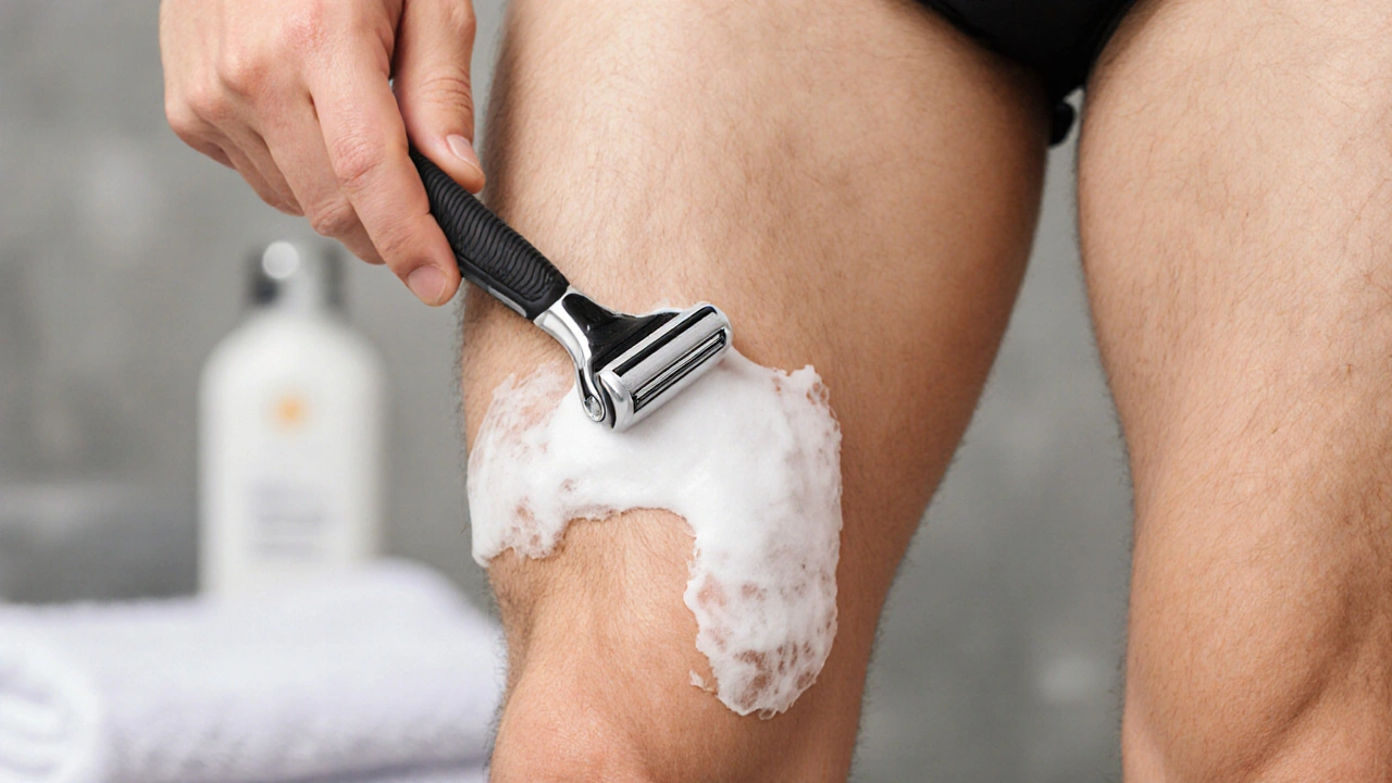 Muž se jemně holi jednořezovým břitem ve směru růstu vlasů.