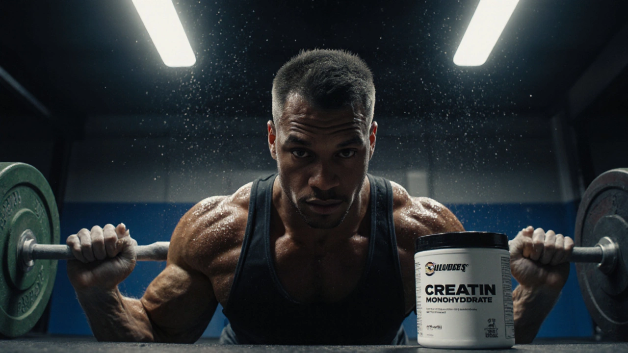 Muž zvedá činku v posilovně, vedle něj je kontejner s kreatinem.