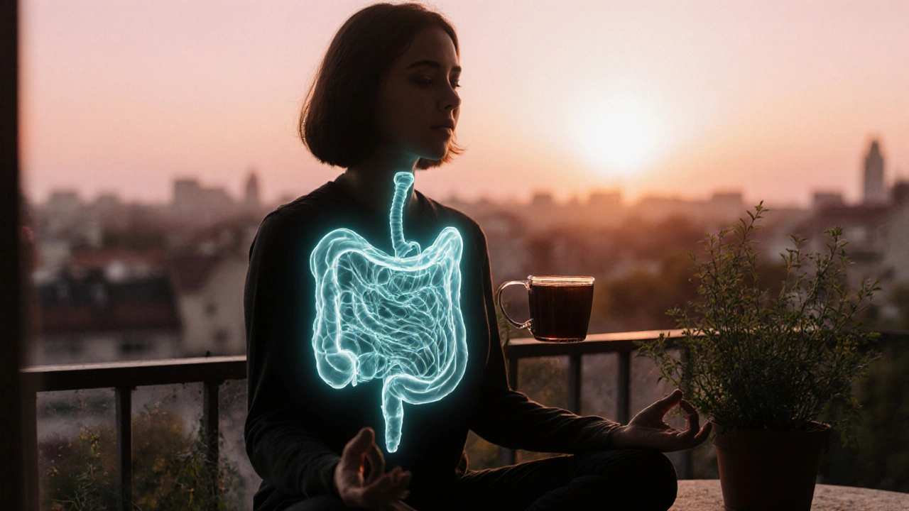 Osoba meditující na balkoně s černým čajem a záznamem zdravého střeva v pozadí