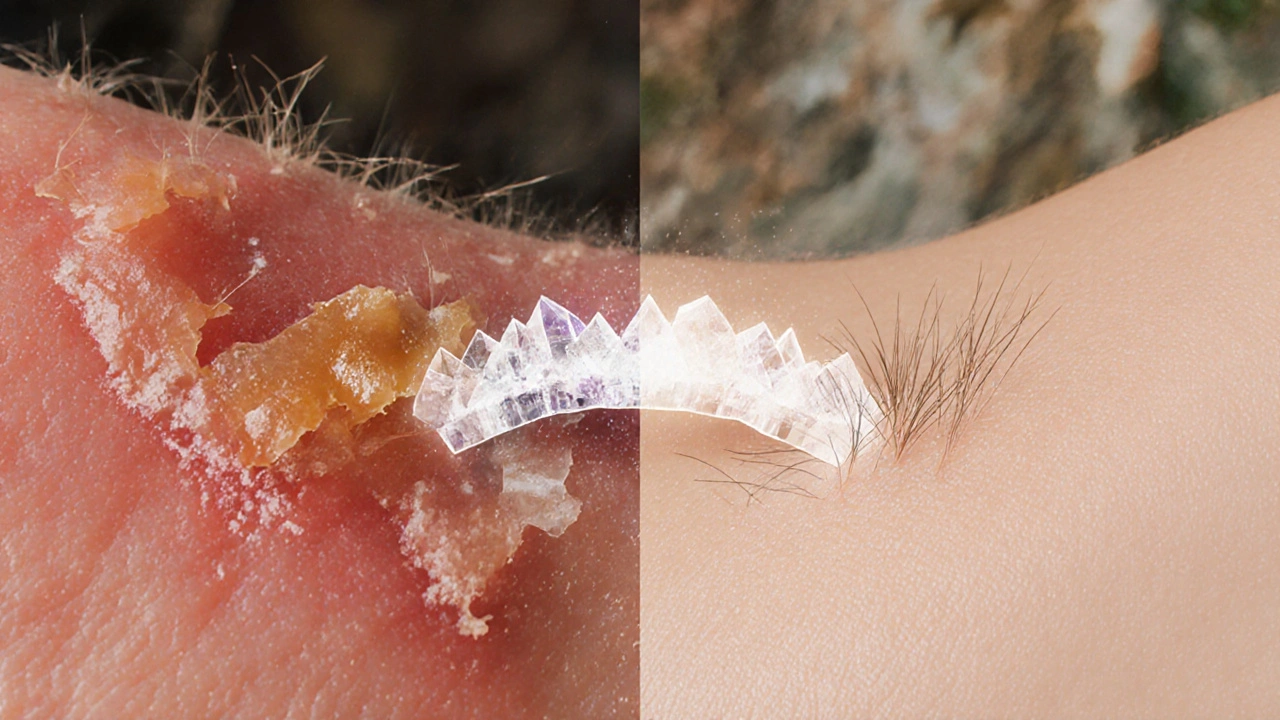 Porovnání podrážděné kůže po vosku a hladké kůže po krystalu.