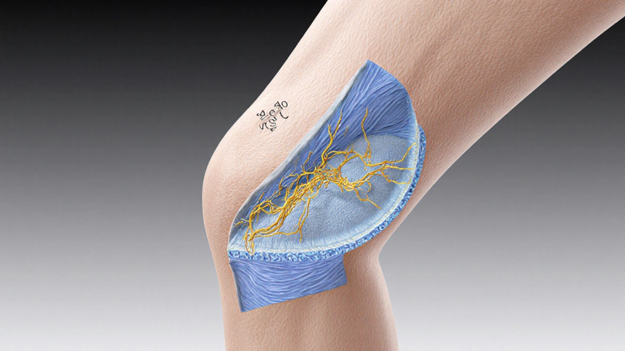 Přehledový náčrt kloubu ukazující rozdíl mezi zdravou a poškozenou chrupavkou.