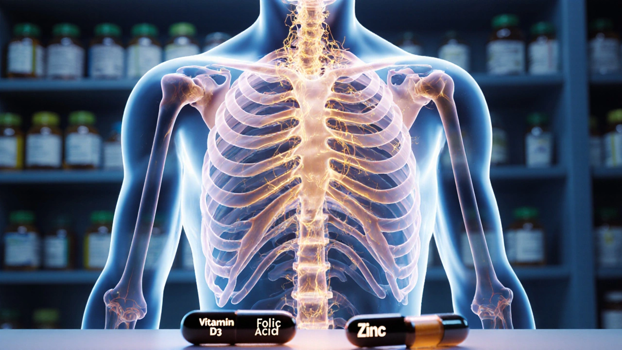 Průhledné tělo s proudy vitamínů D3 a B12, špatné pilulky na zemi.