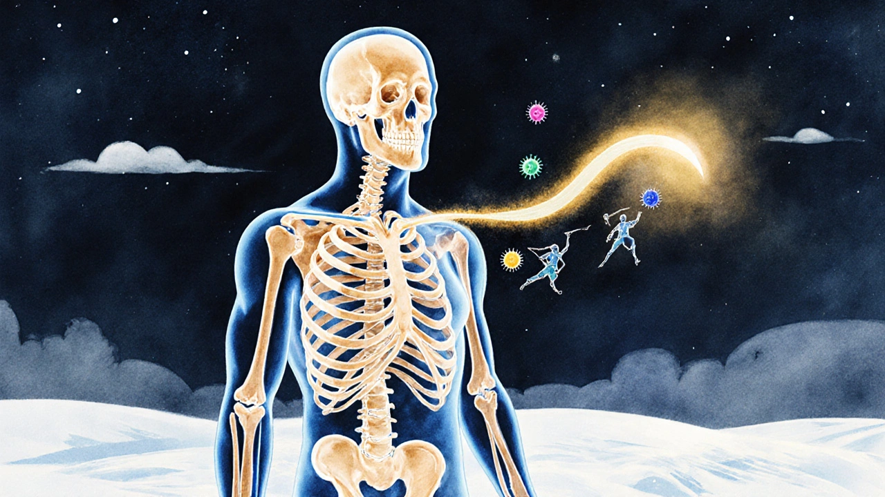 Průhledný lidský tělo s osvětlenými kostmi, imunitními buňkami a vlnou serotoninu v mozku.