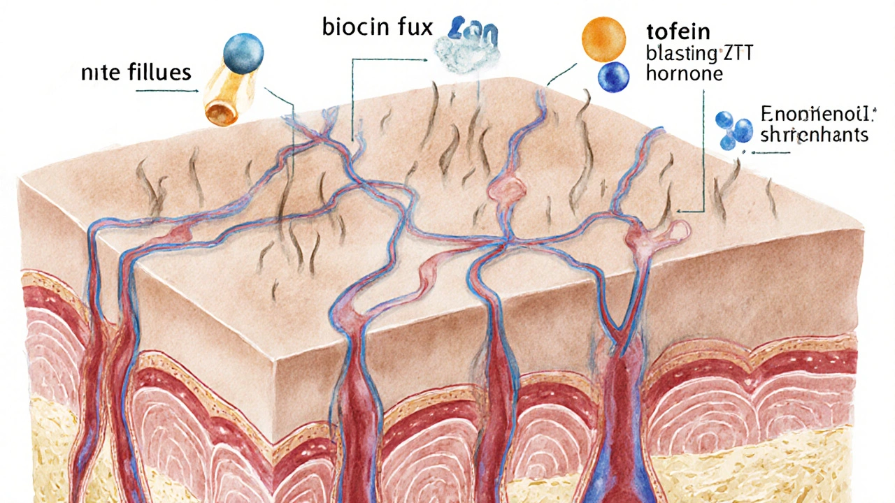 Řez lidskou pokožkou hlavy s aktivními vlasovými kmeny a živinami podporujícími růst.