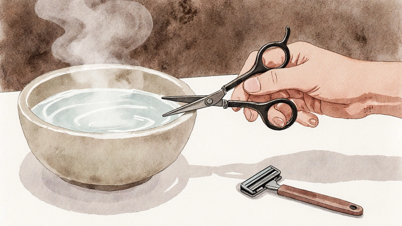 Ruce stříhají dlouhé chloupky pomocí malých nůžek před holením.