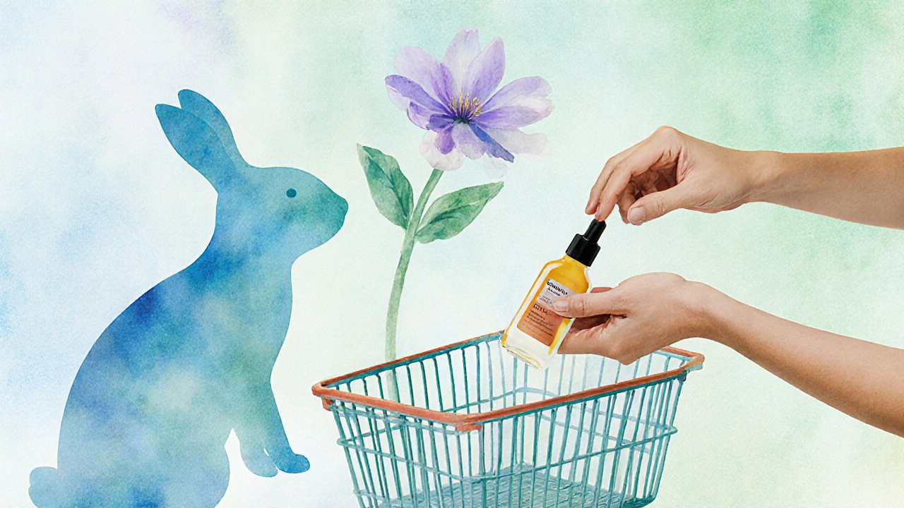 Ruka klade krém do košíku, zatímco králík se mění v květinu.