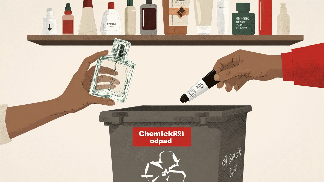 Ruka rozděluje kosmetické obaly do recyklace a nebezpečného odpadu.