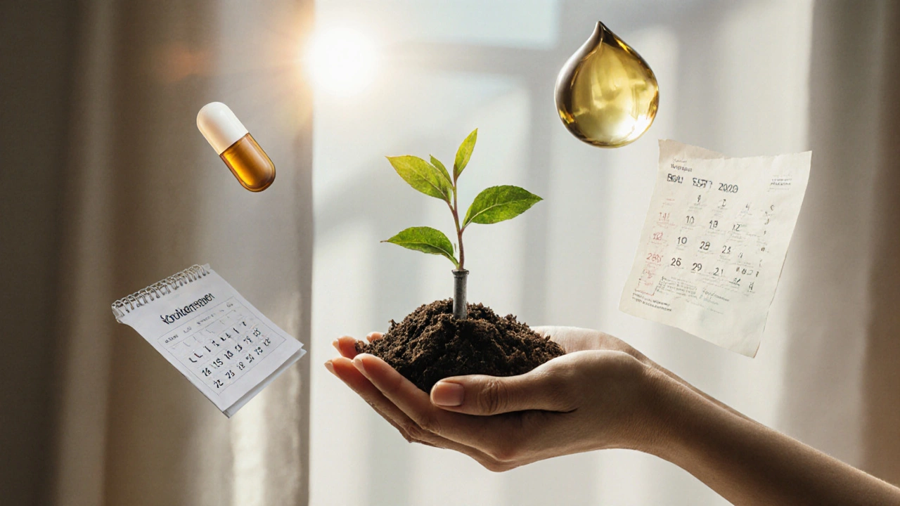 Růst rostliny z nehtu v půdě, symbolizující obnovu a zdraví.