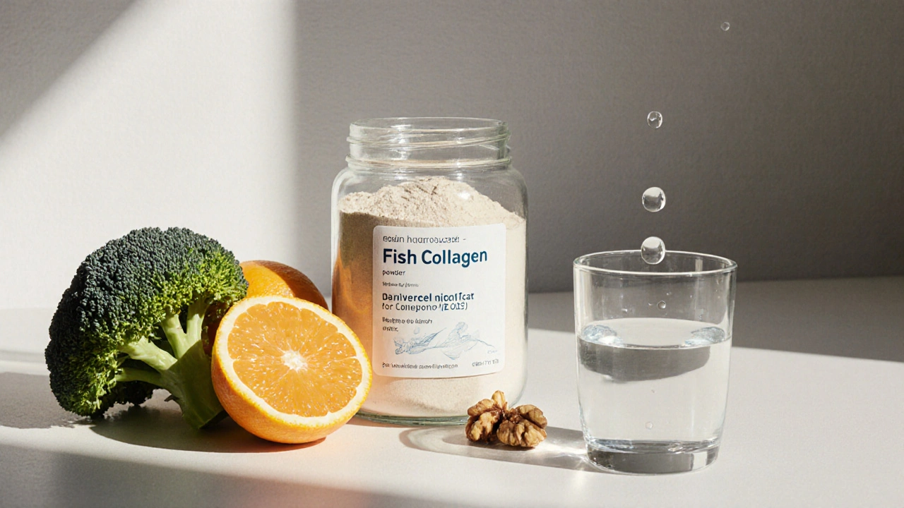 Sklenice s rybím kolagenem a potravinami bohatými na vitamin C a minerály.