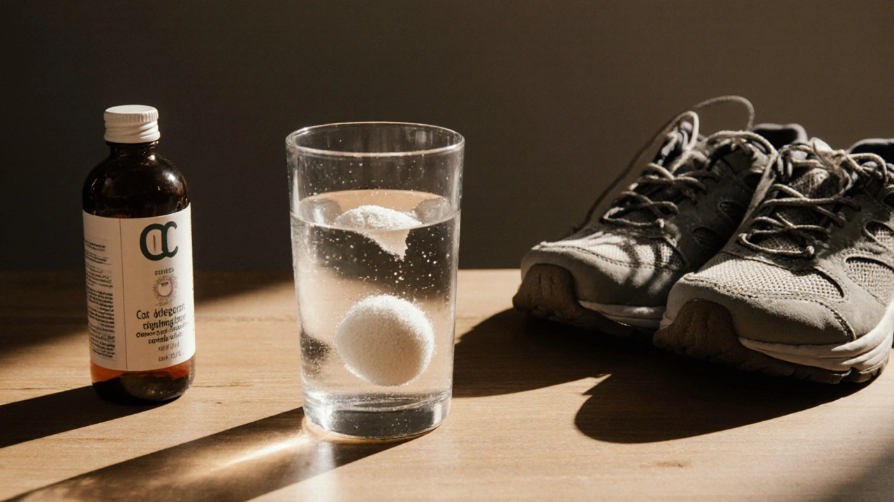 Sklenice vody s práškem kolagenu a vitamínem C na dřevěném stole.