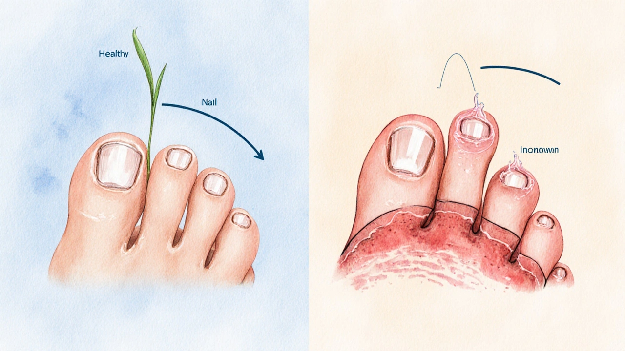 Srovnání zdravého a zarůstajícího nehtu – vizuální kontrast růstu.