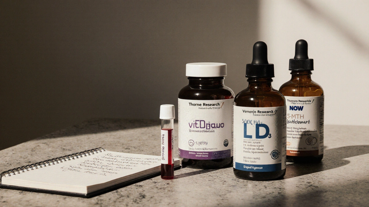 Tři kvalitní multivitamíny na kamenité desce vedle krevní zkoušky a poznámek.