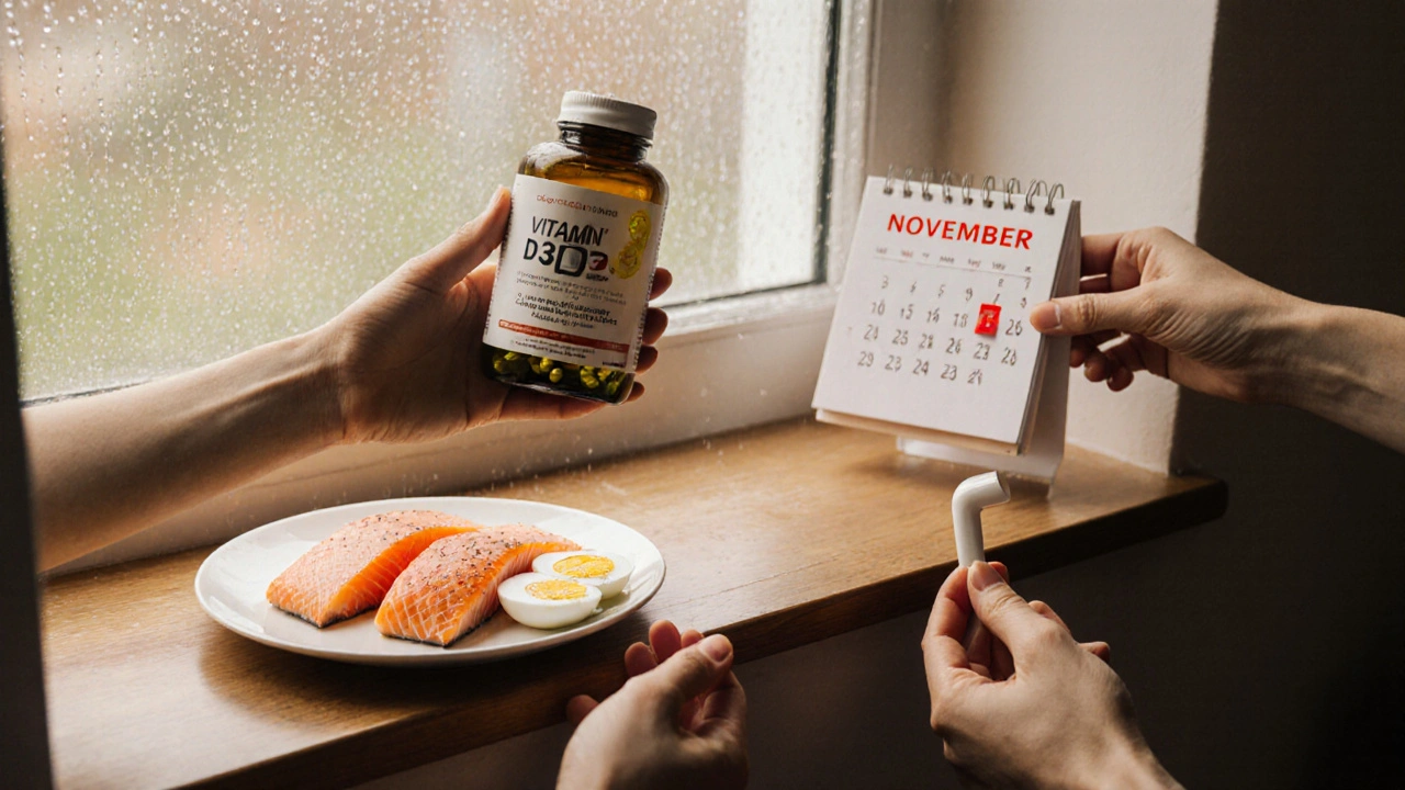 Tři objekty na okenním rámu: kapsle vitamínu D3, ryba a vejce, s deštěm na skle, symbolizující zimní doplnění.
